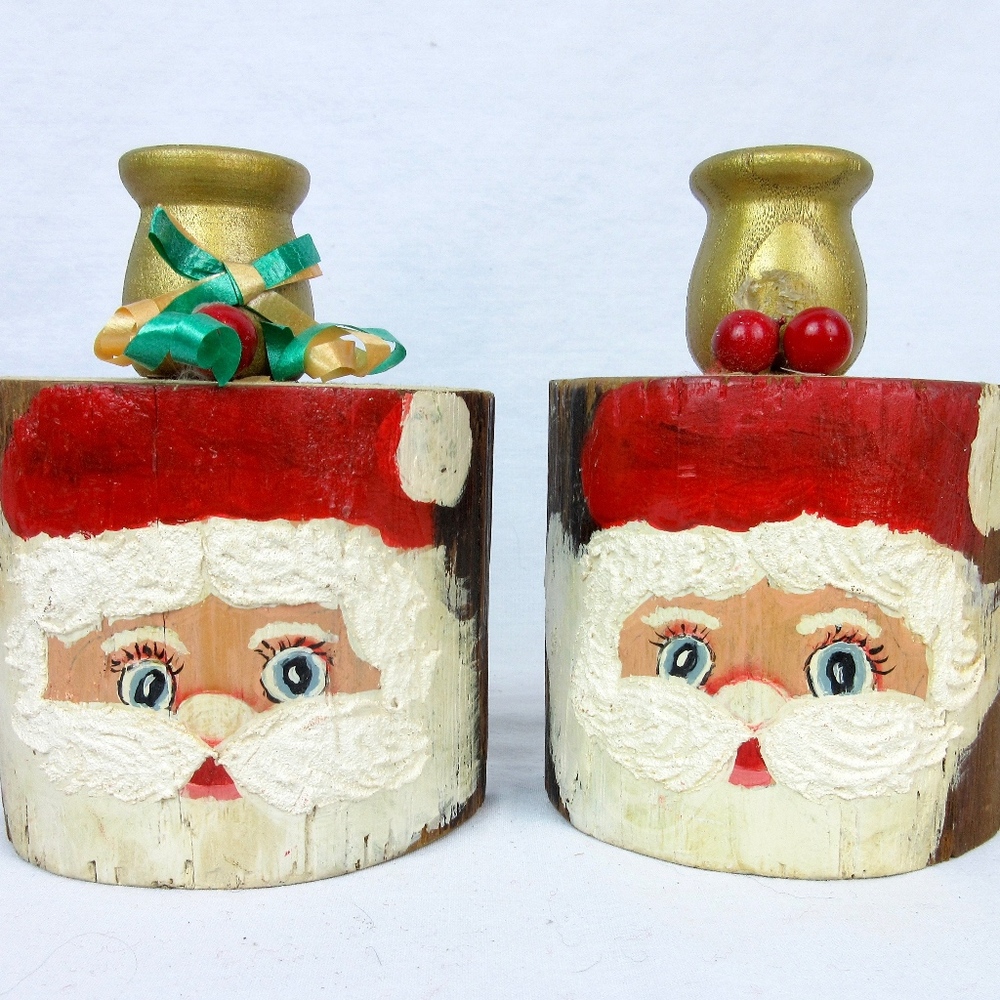 Vintage Folk Art Santa Claus Candle Holder Pair